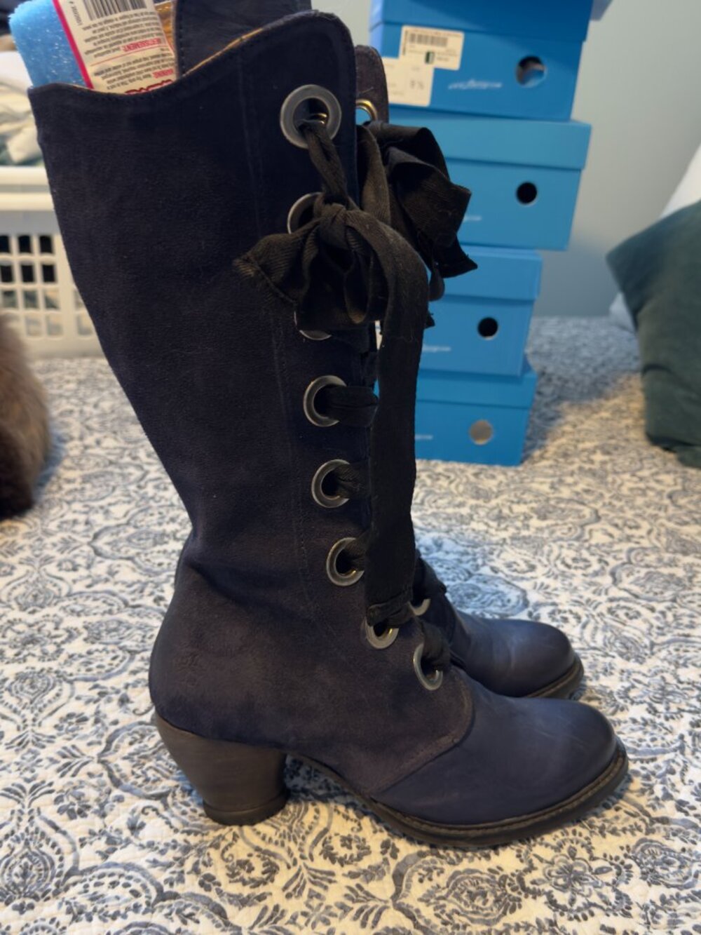 Fluevog East End Adanac boots in indigo suede and leather